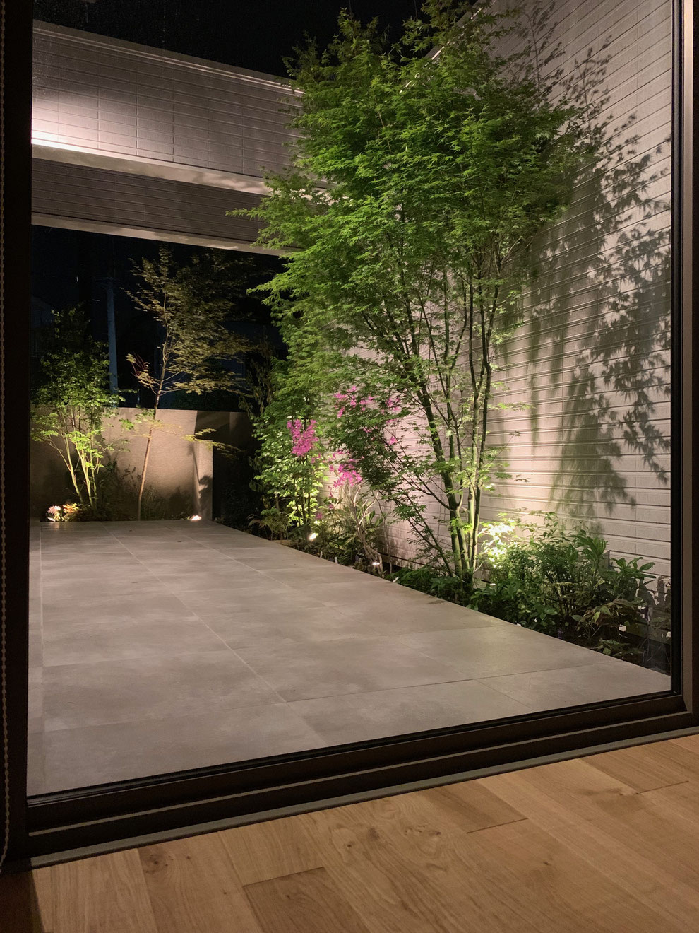 リビングから望むテラス。植栽を照らす事で、壁に影がうつり、とても綺麗です。